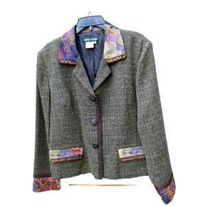 Vintage 🌄Nancy Bolen Womens Sz 12 Blazer Bl/Br Tweed +Tapestry Patchwork Woven